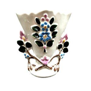 USA VASE 5.75”T,  5” W Ornate Handle Grips Floral Porcelain Pink Blue Green VGUC